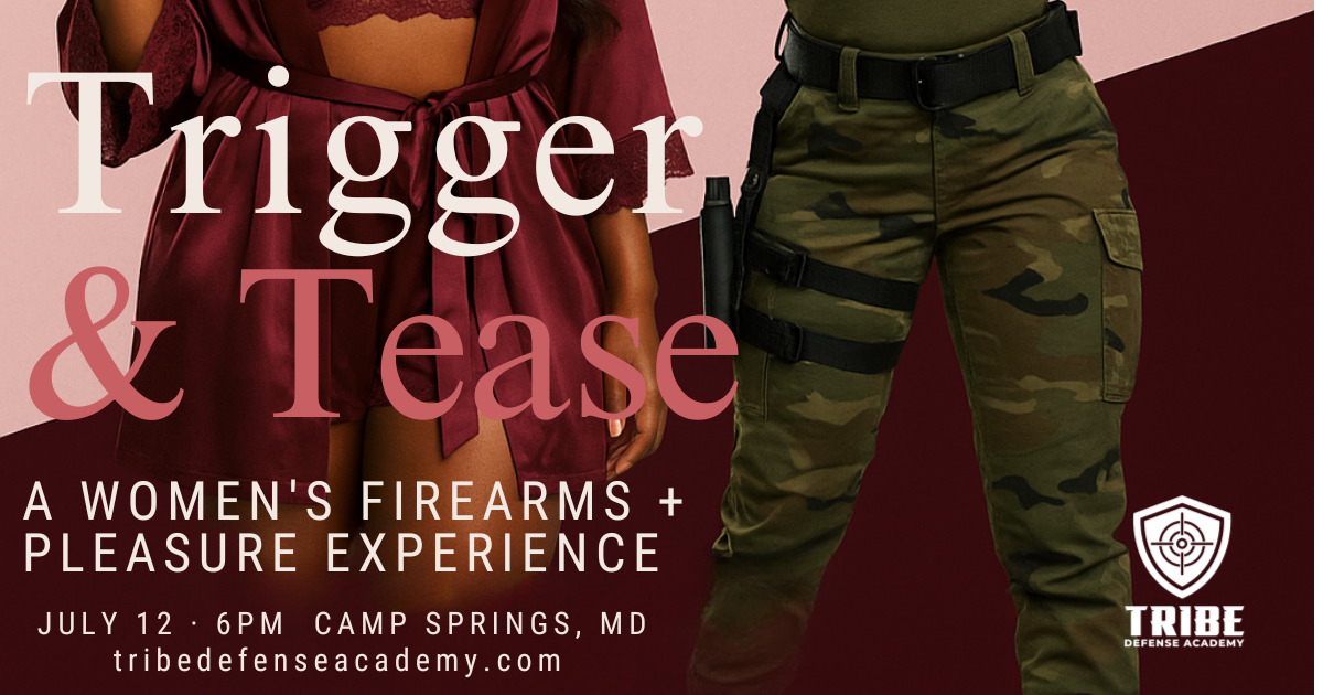 Flyer for Trigger & Tease, a women’s firearms and pleasure class hosted by Shani Hart featuring one woman in tactical gear and another in lingerie