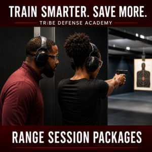 African American woman training at indoor shooting range with instructor during private firearm coaching session