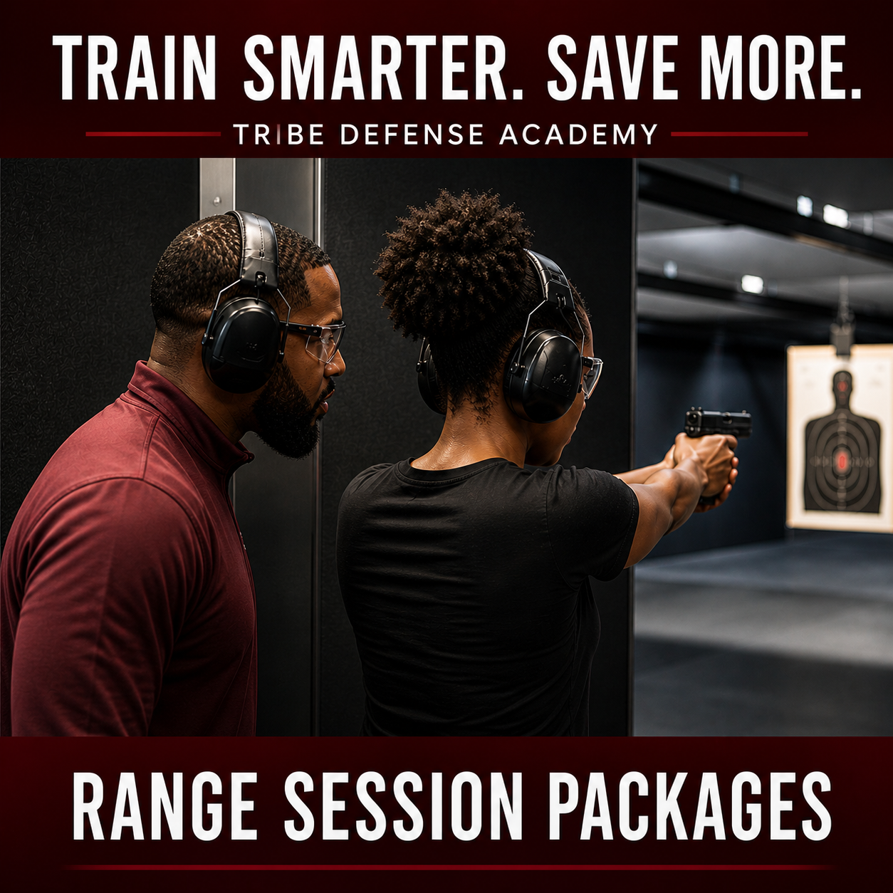 African American woman training at indoor shooting range with instructor during private firearm coaching session