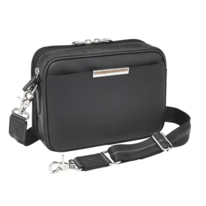 woman wearing slim cowhide concealed carry clutch crossbody bag in black