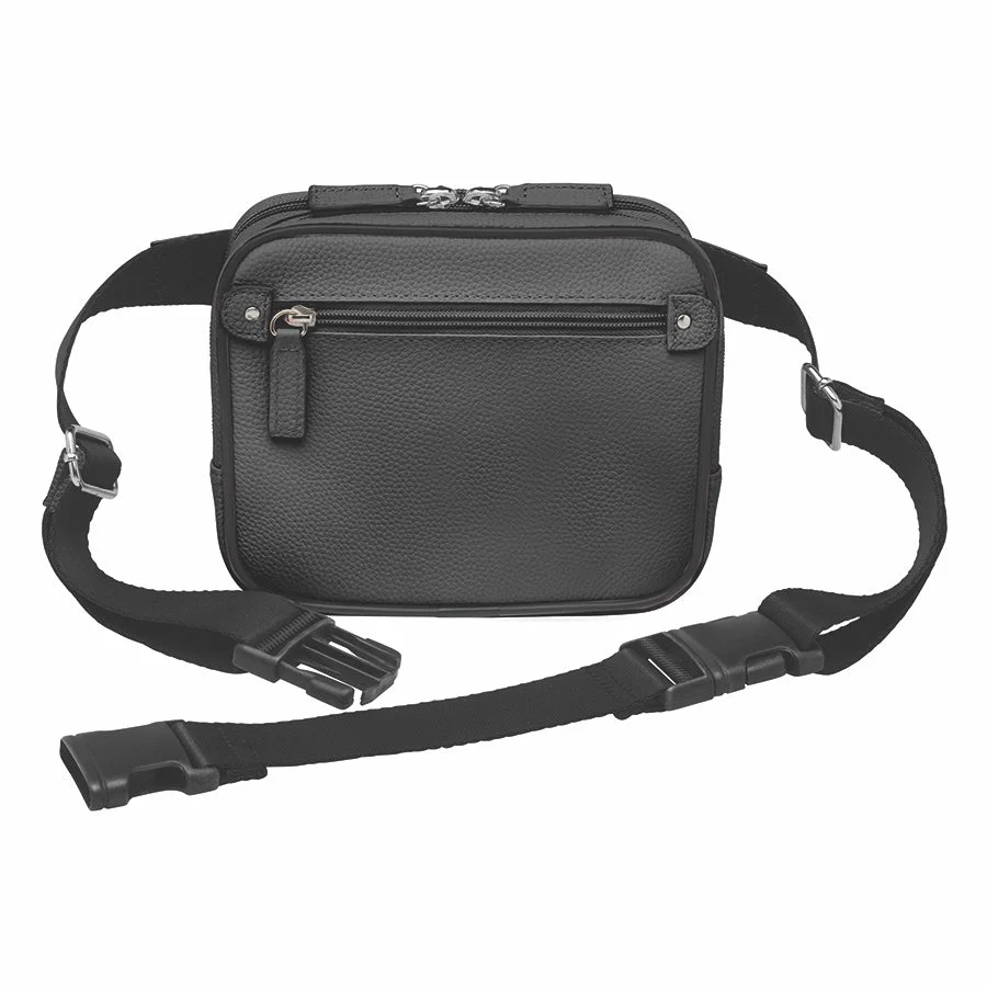 woman wearing cowhide concealed carry sling waist pack in black