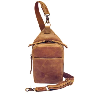woman wearing compact buffalo leather concealed carry sling crossbody bag