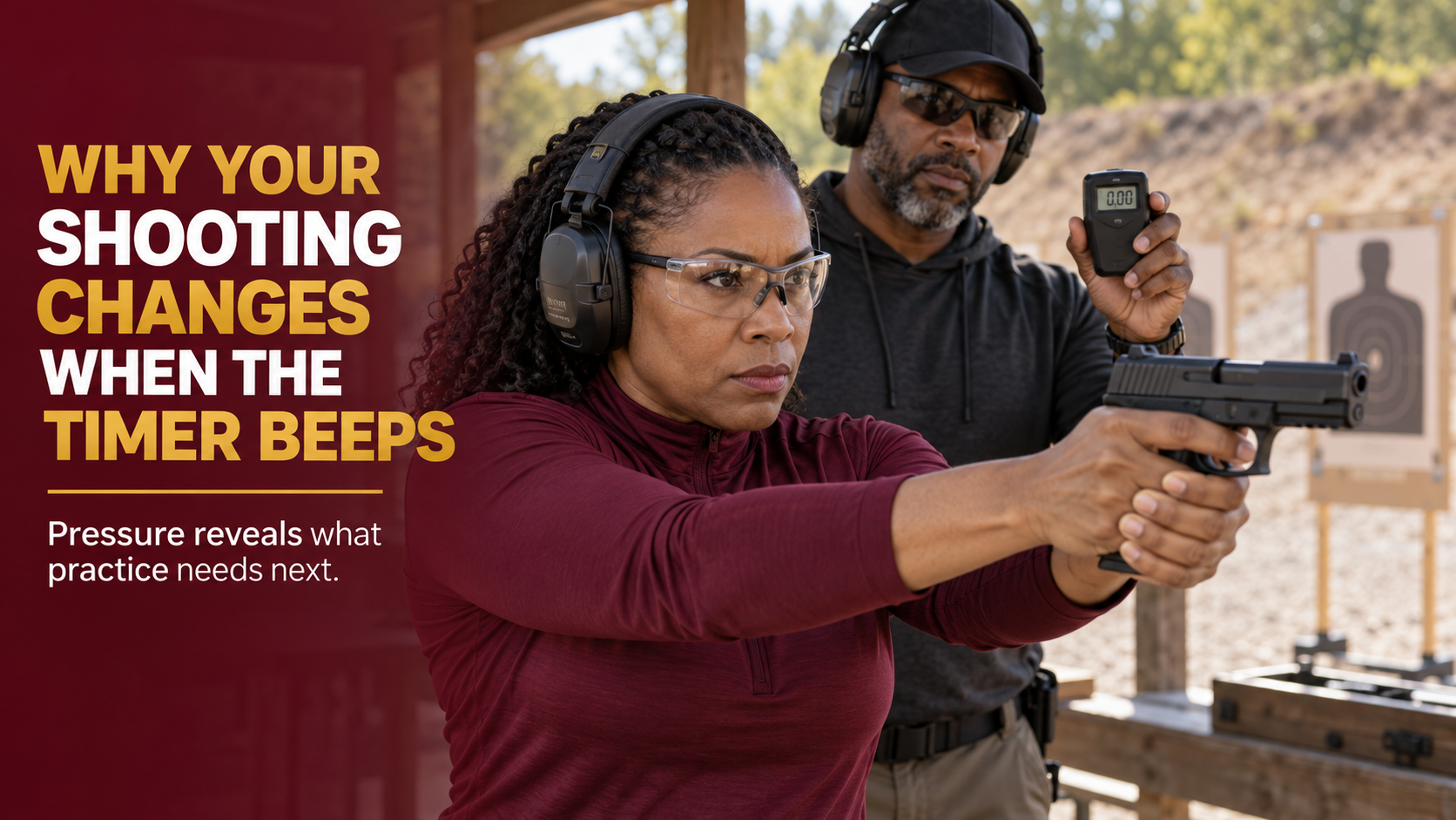 Woman aiming a handgun while an instructor holds a shot timer