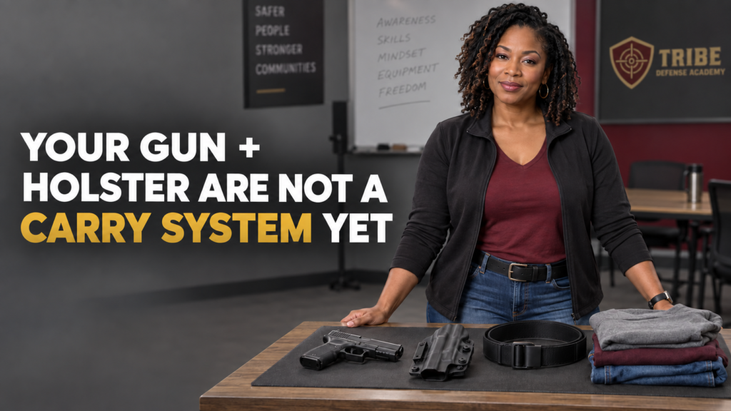 Woman standing behind a table displaying a handgun, holsters and carry accessories