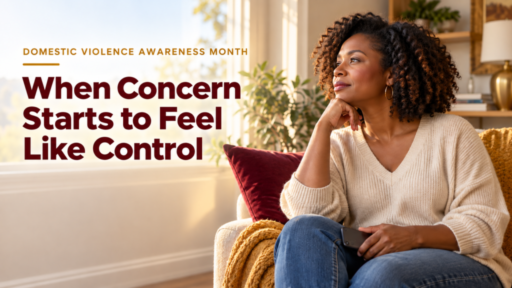 Woman sitting on a couch beside text about concern becoming controlling behavior