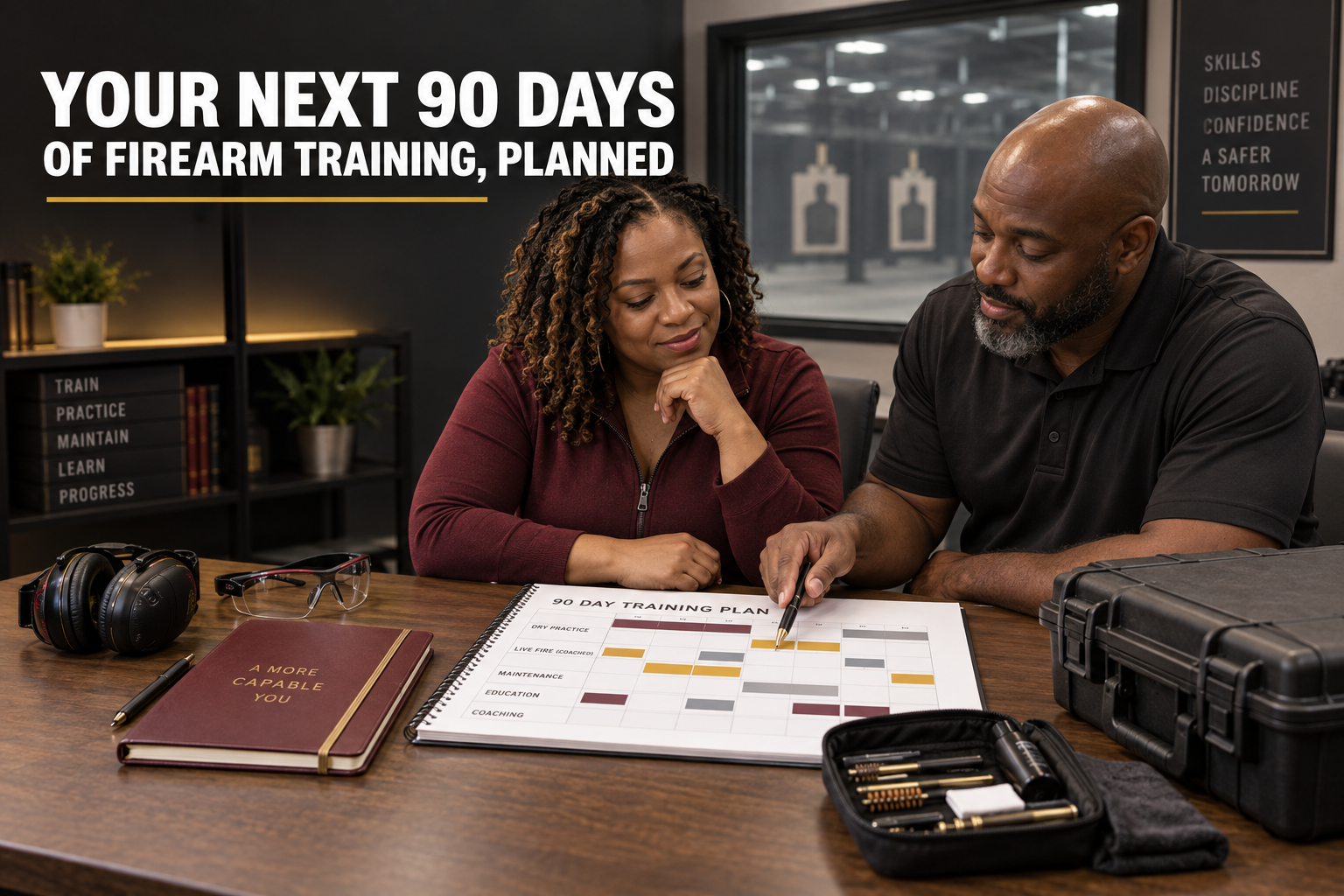 Two adults reviewing a firearm training plan together at a table