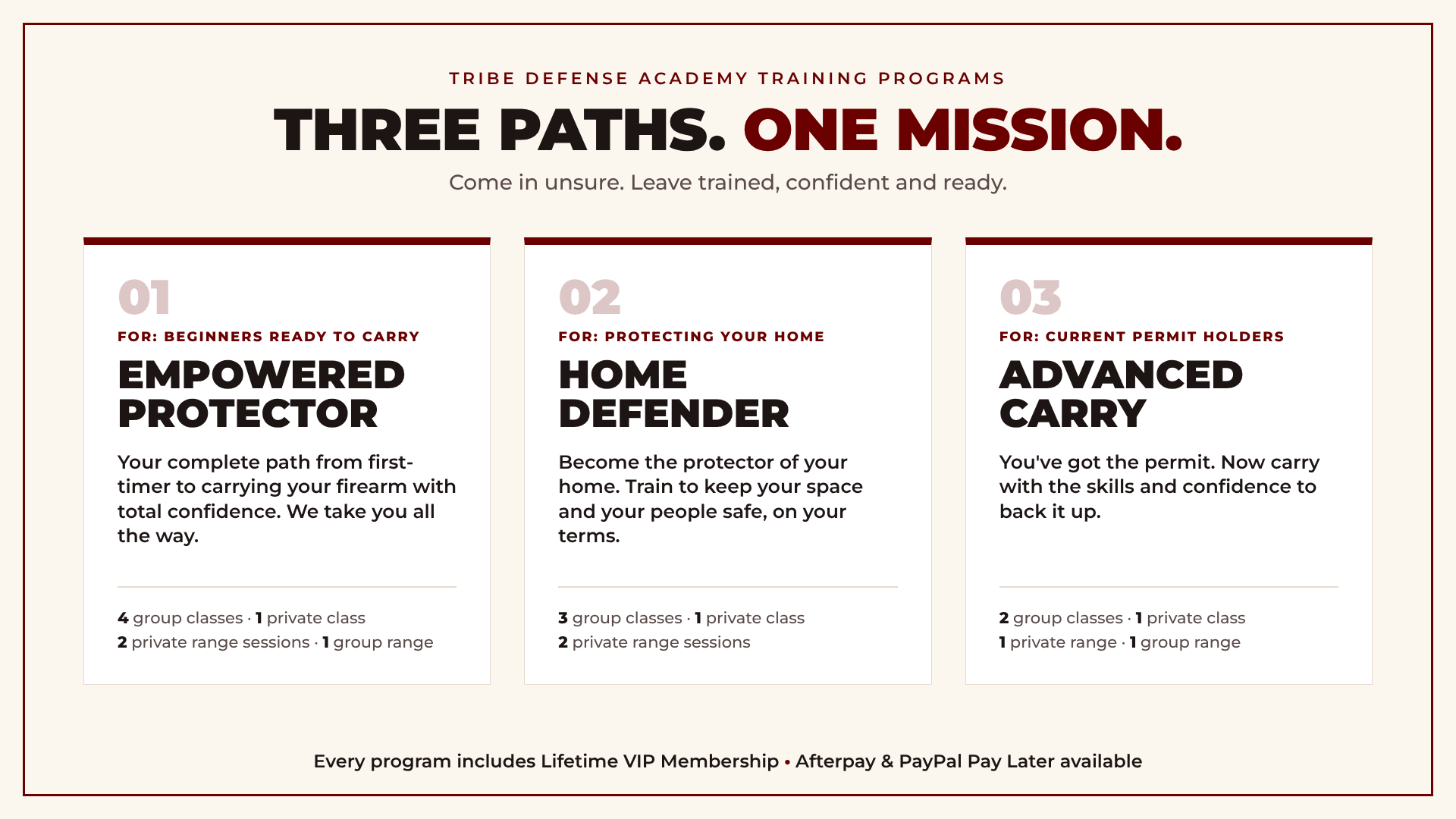 Tribe Defense Academy training programs: Empowered Protector for beginners ready to carry, Home Defender for protecting your home, Advanced Carry for current permit holders