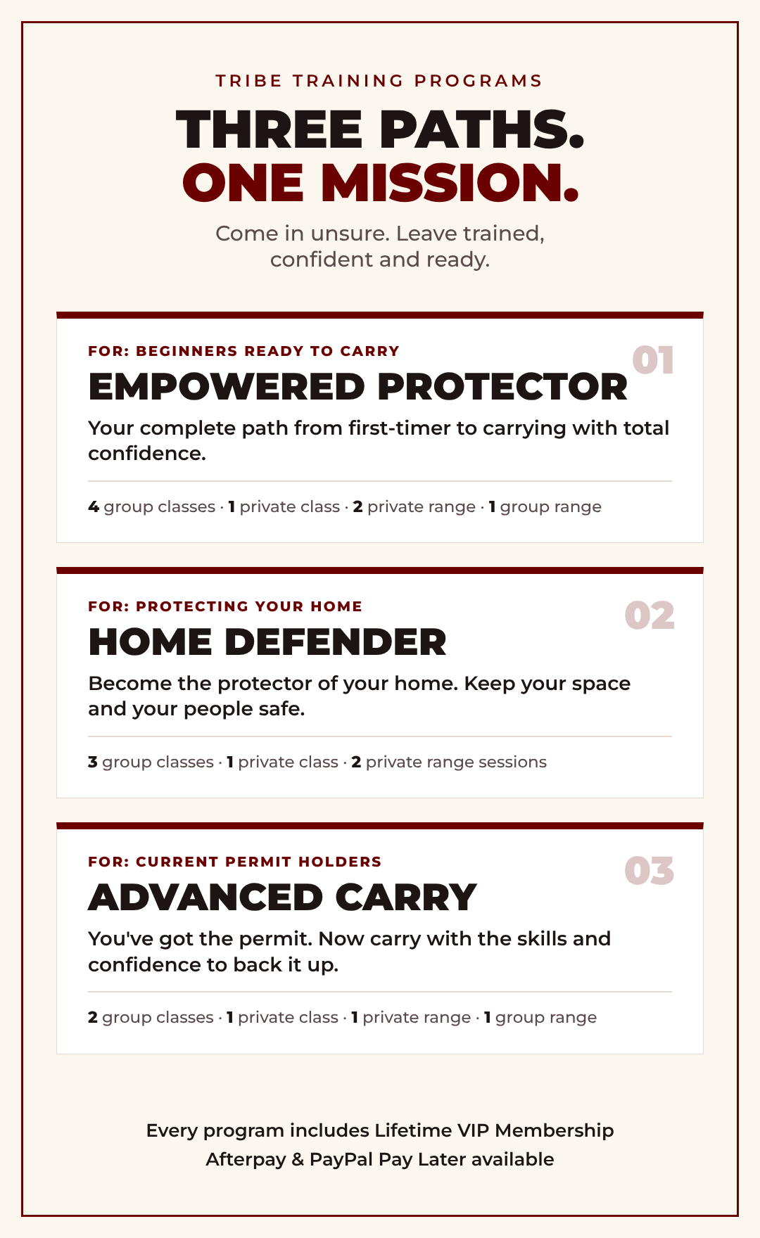 Tribe Defense Academy training programs: Empowered Protector for beginners ready to carry, Home Defender for protecting your home, Advanced Carry for current permit holders