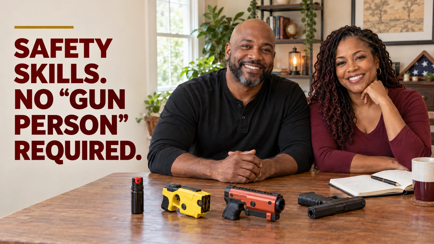 Smiling instructors at Tribe Defense Academy with self-defense tools on a classroom table beside the headline “Safety Skills. No ‘Gun Person’ Required.