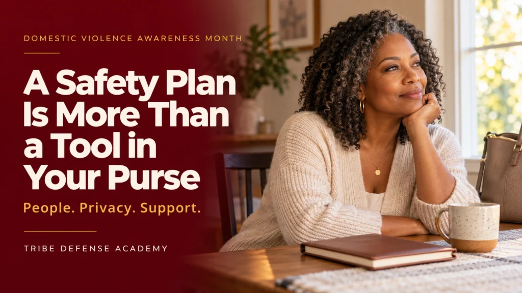 Woman sitting at a table with a notebook beside text about creating a personal safety plan