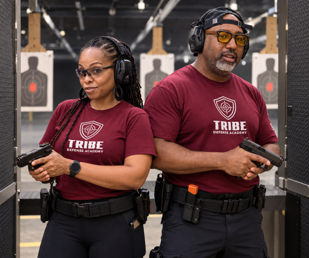 Husband-and-wife firearms instructors in Tribe Defense Academy shirts at the range, Camp Springs, MD
